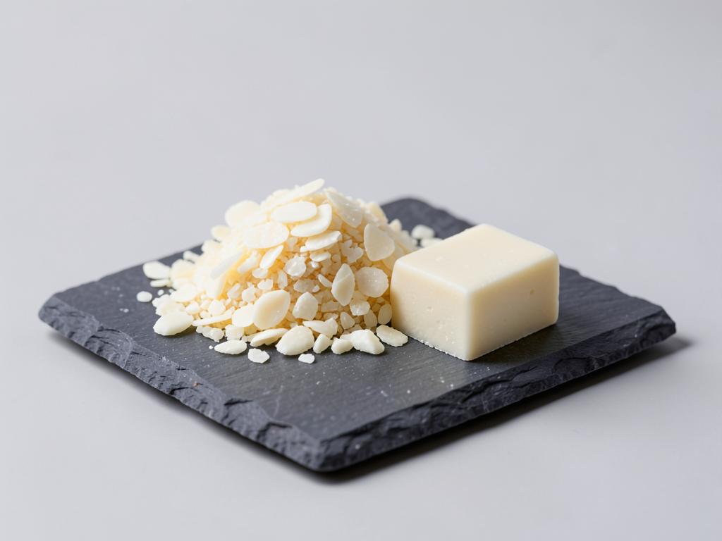 Sorbitan tristearate shown as pale ivory waxy flakes and a small solid block in a neutral studio photograph