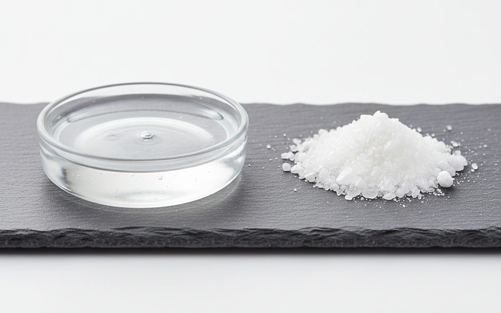 Grade confirmed at quotation — a clear, colorless, syrupy aqueous solution or white crystalline powder depending on the concentration and grade, studio product photograph