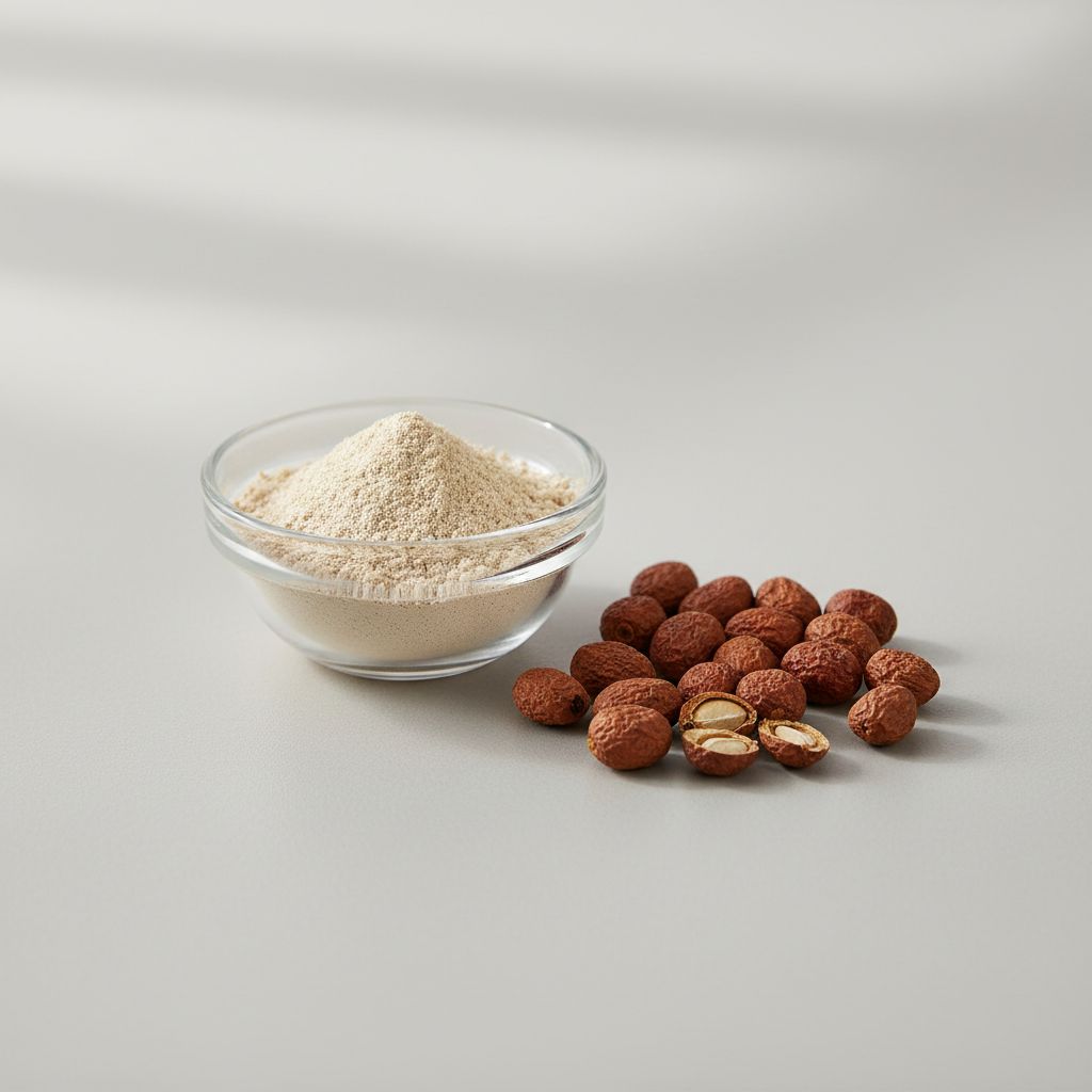 Illustrative studio sample of Sour Jujube Seed (Spine Date) Extract beside Ziziphus jujuba var. spinosa source material