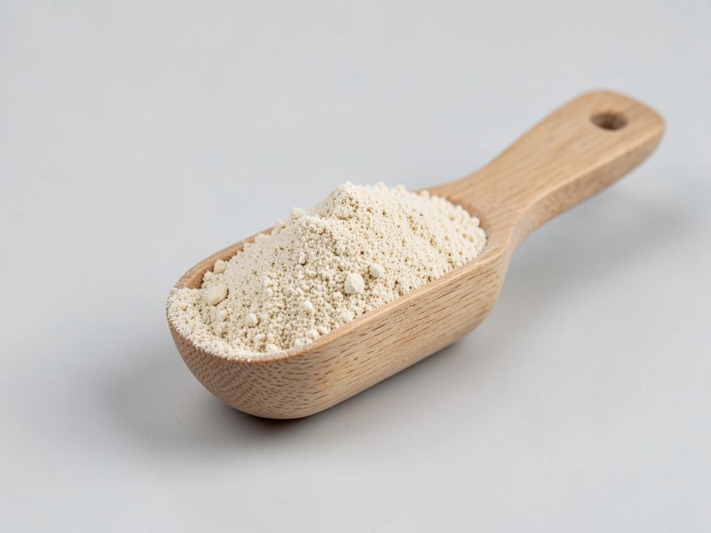 Soy protein concentrate shown as a pale beige coarse powder with visible granules in a neutral studio photograph