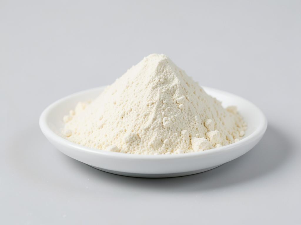 Soy protein isolate shown as a fine pale cream powder heap in a neutral studio photograph