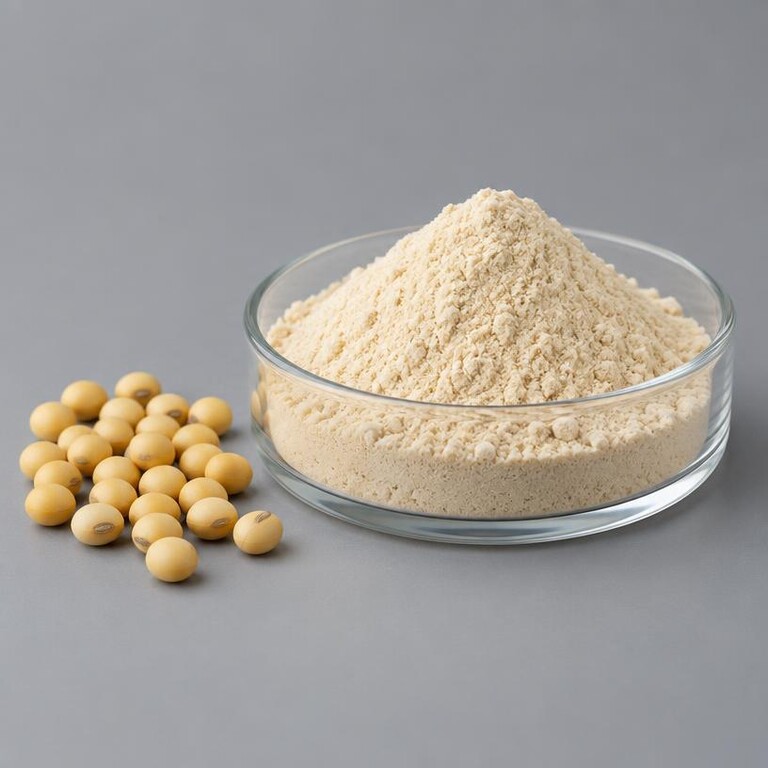 Illustrative studio sample of light beige Soy Protein Peptide powder beside soybeans