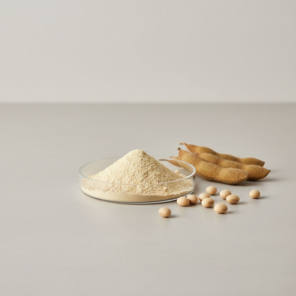 Illustrative studio sample of Soybean Extract beside Glycine max source material
