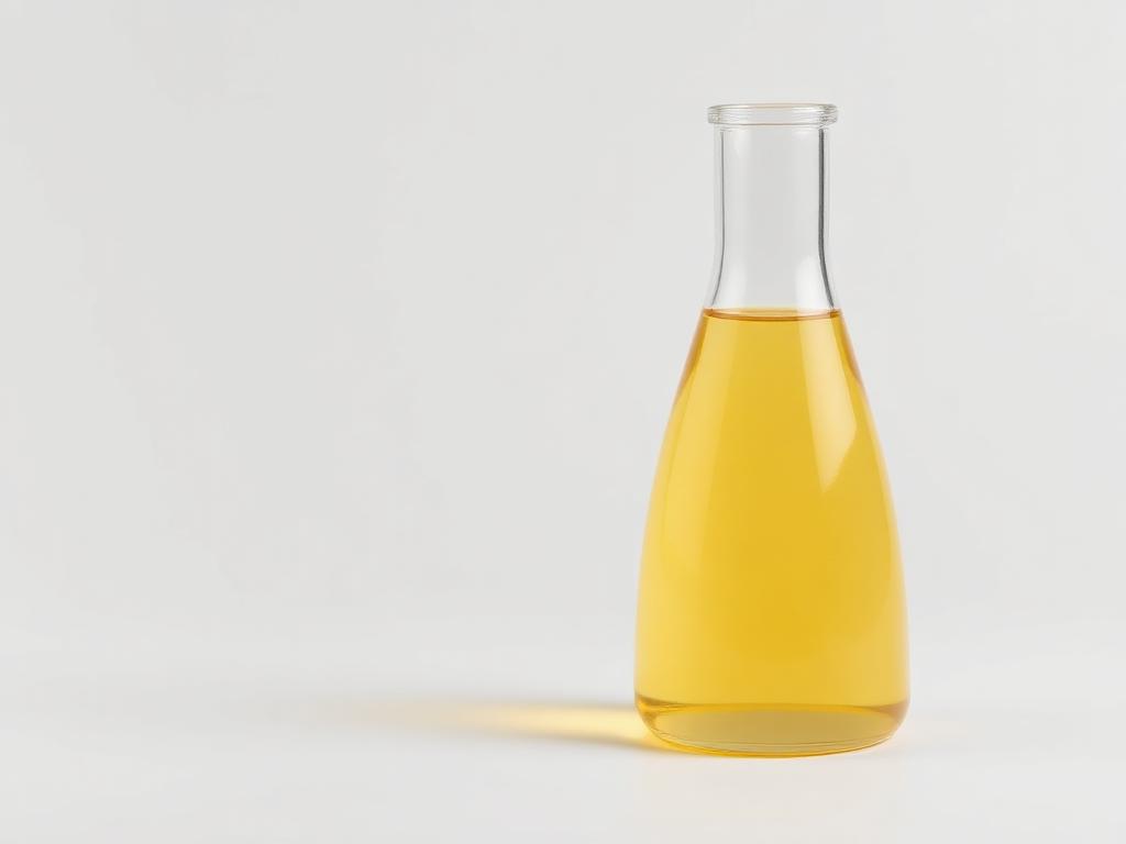 Glass vessel of light golden refined soybean oil on a neutral background
