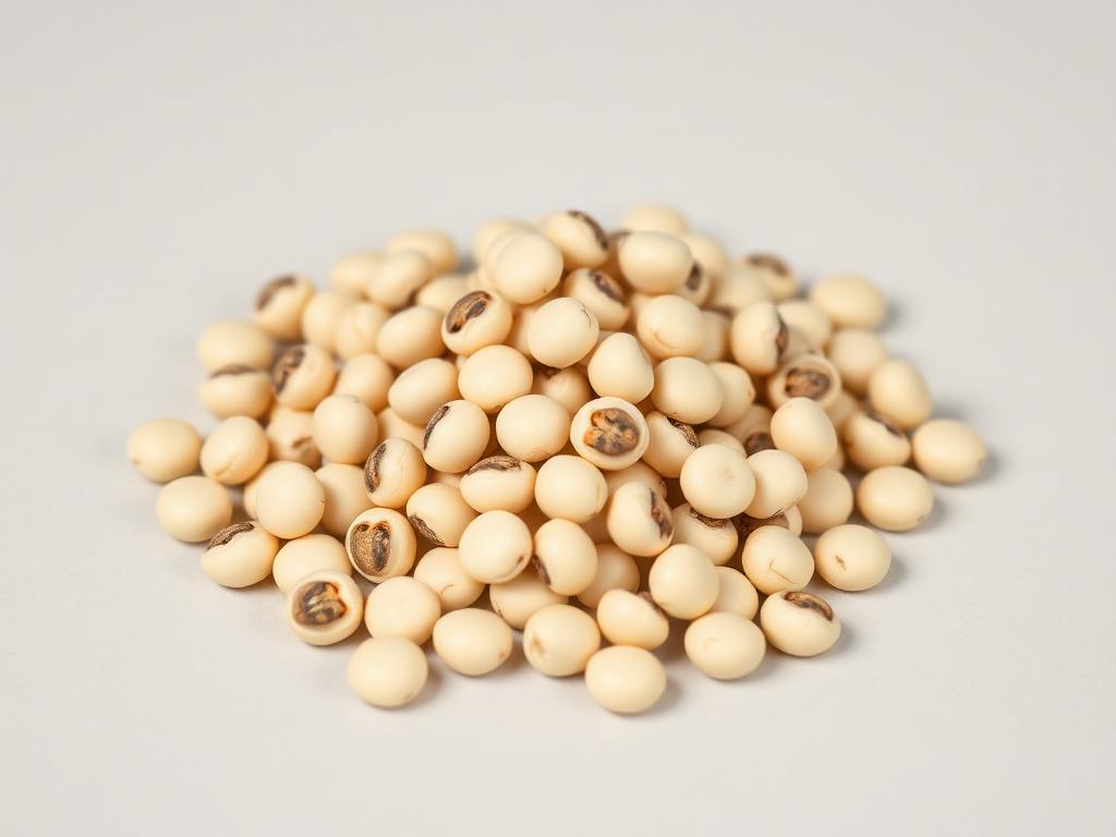 Soybean seed for sowing shown as a neutral studio product photograph of certified planting seed in bulk