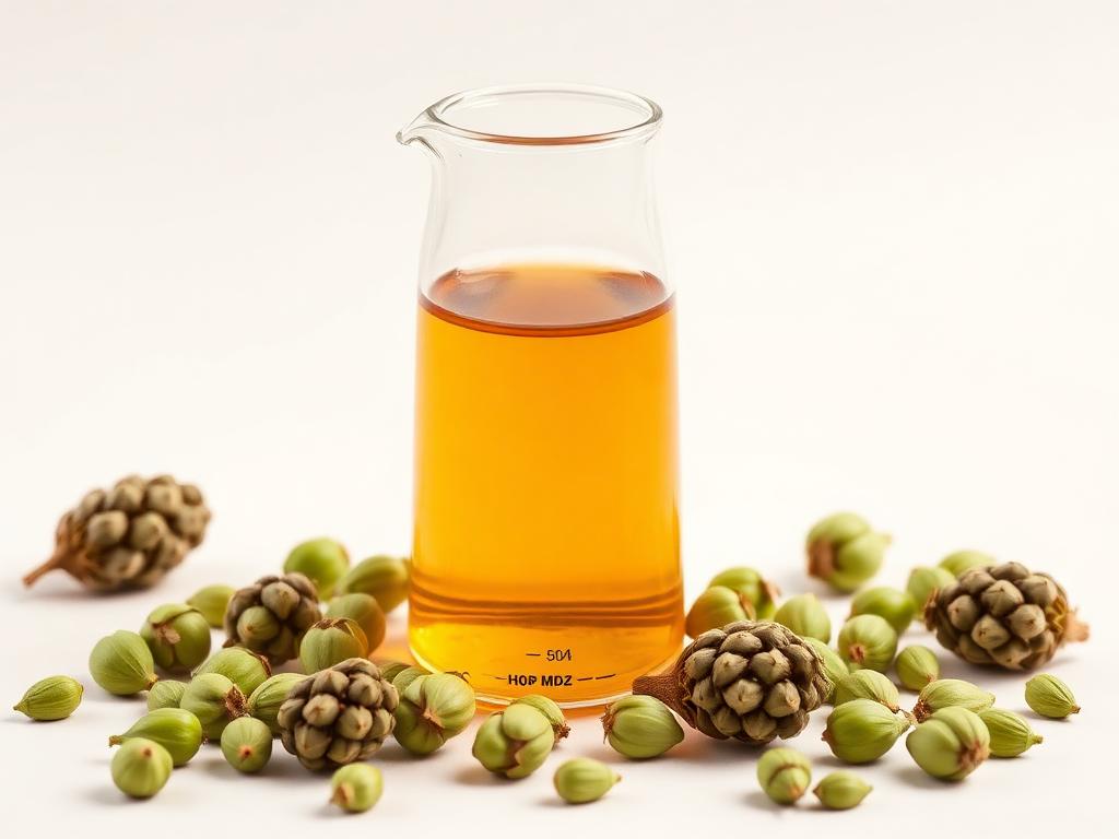 Specialty Hop Extracts (Iso-Alpha Acids) — studio photograph of the amber liquid concentrate or standardised solution as supplied in bulk