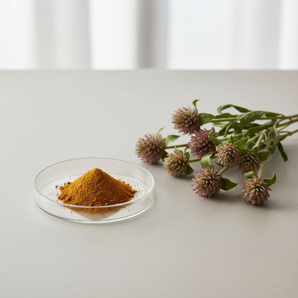 Illustrative studio sample of Sphaeranthus Indicus Extract beside Sphaeranthus indicus source material
