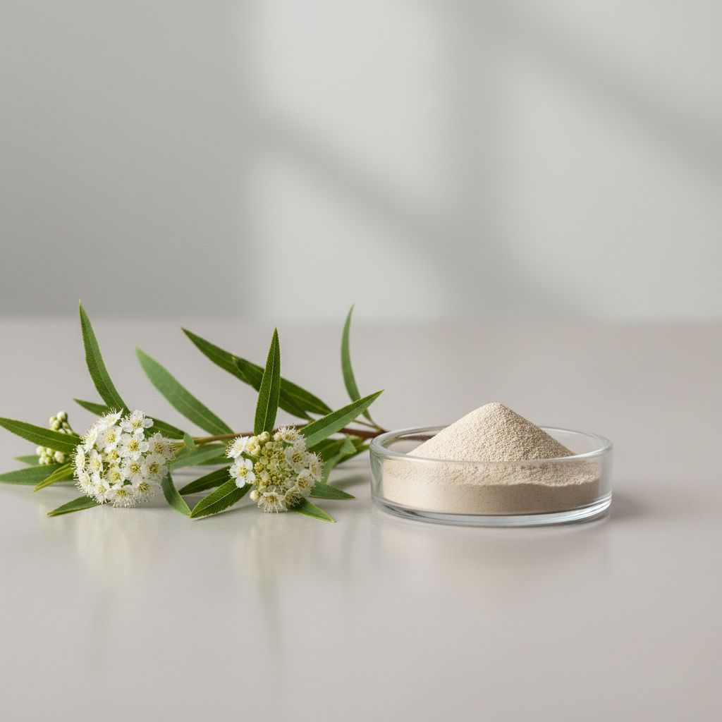 Illustrative studio sample of Spiraea Salicifolia Extract beside Spiraea salicifolia source material