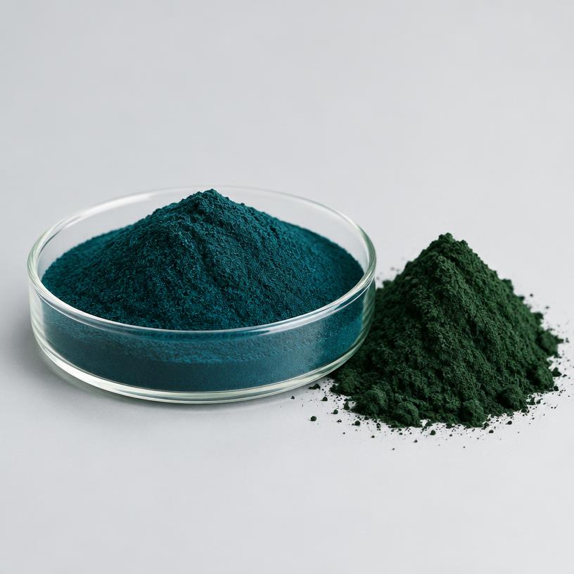 Spirulina Extract — Supplement Grade — studio photograph of fine extract powder, presented as a B2B sourcing category illustration