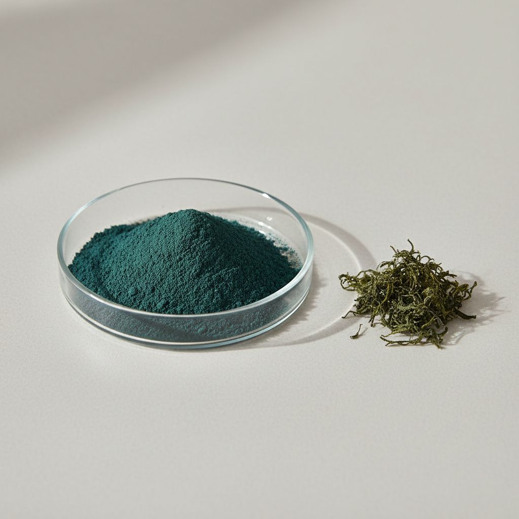 Illustrative studio sample of Spirulina Platensis Extract beside Arthrospira platensis source material