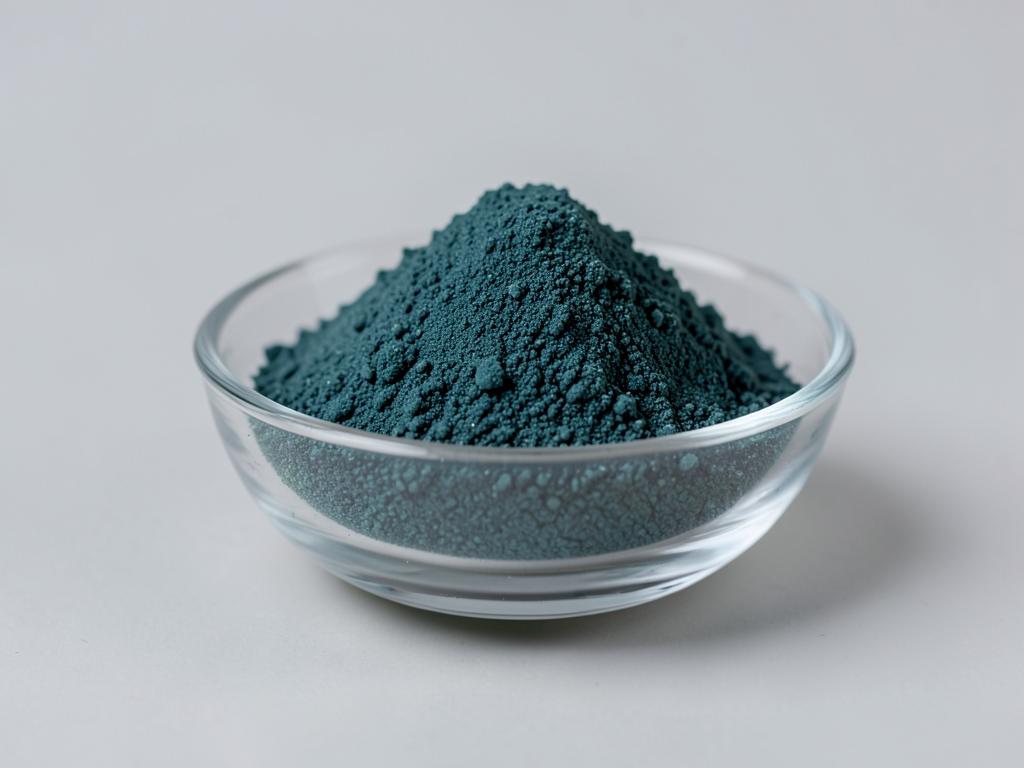 Spirulina Powder shown as a dried milled botanical powder in a shallow dish in a neutral studio photograph