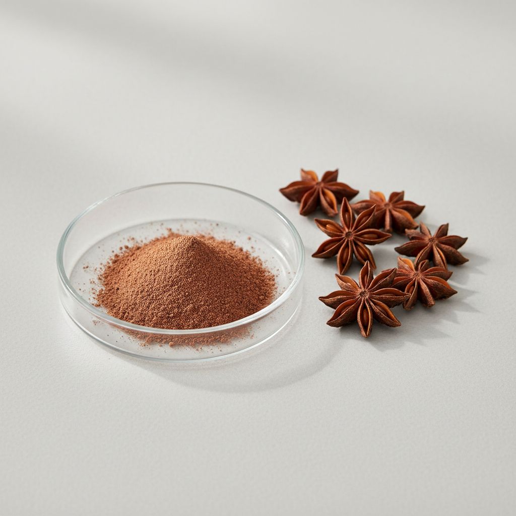 Illustrative studio sample of Star Anise Extract (Shikimic Acid) beside Illicium verum source material