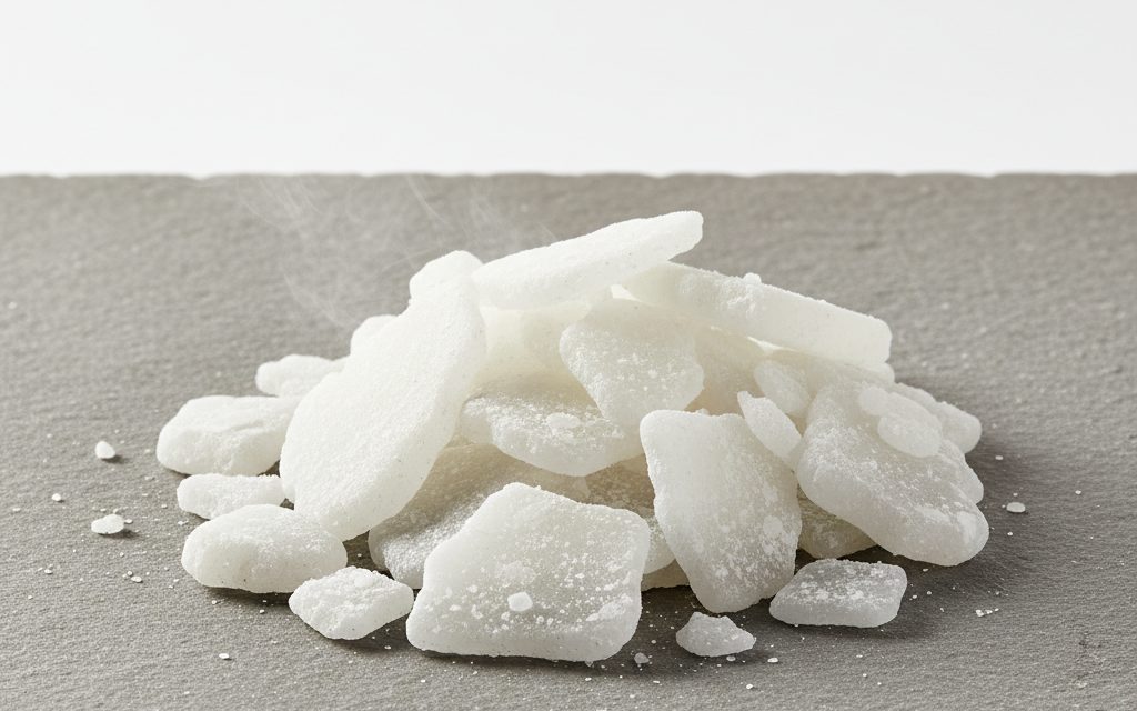 Grade confirmed at quotation — hard, white waxy pieces or flakes with a faint characteristic odor, insoluble in water but soluble in oils, studio product photograph