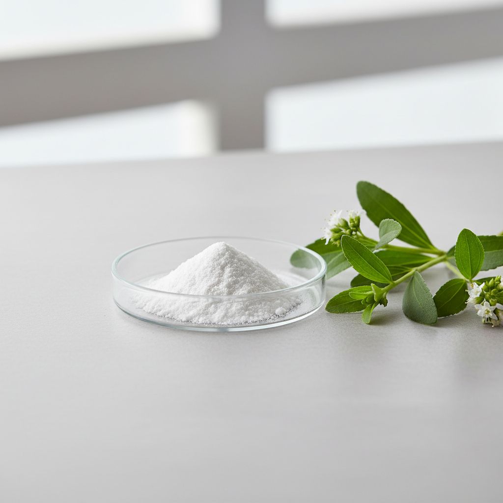 Illustrative studio sample of Stevia Extract (Stevioside) beside Stevia rebaudiana source material