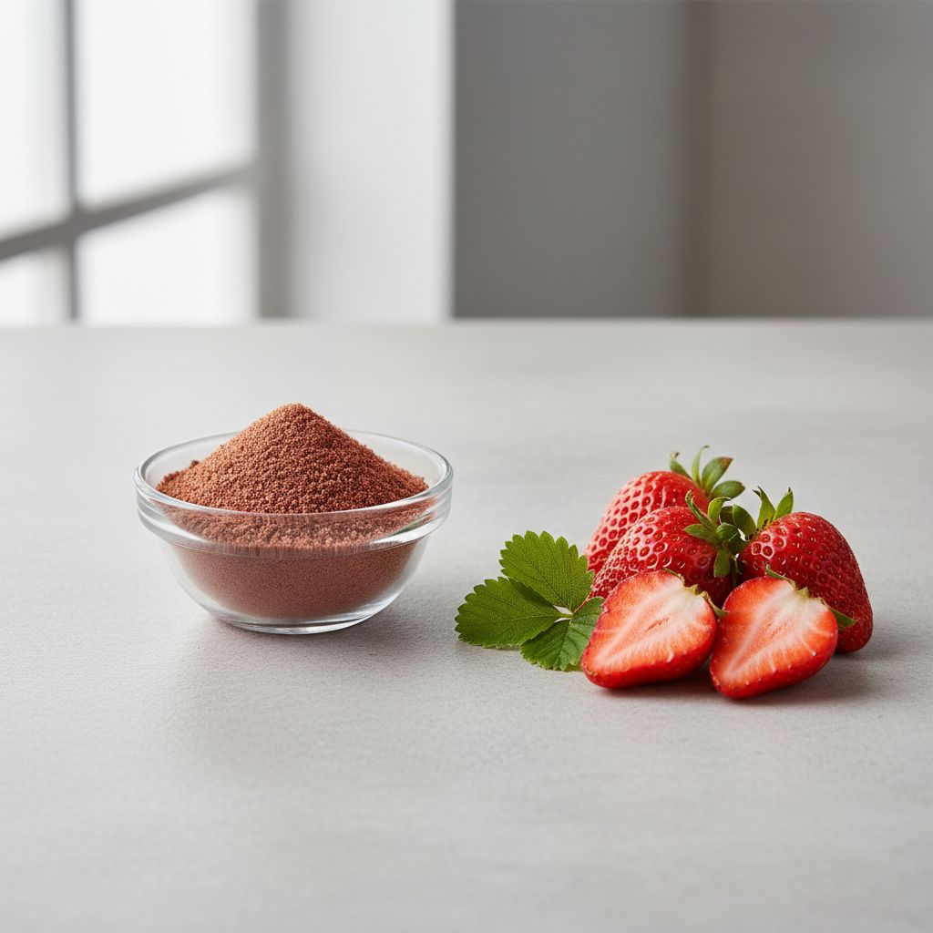 Illustrative studio sample of Strawberry Extract beside Fragaria × ananassa source material