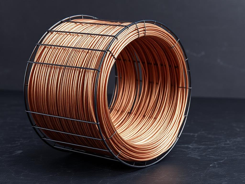 Coil of copper-coated solid submerged arc welding wire on a basket coil