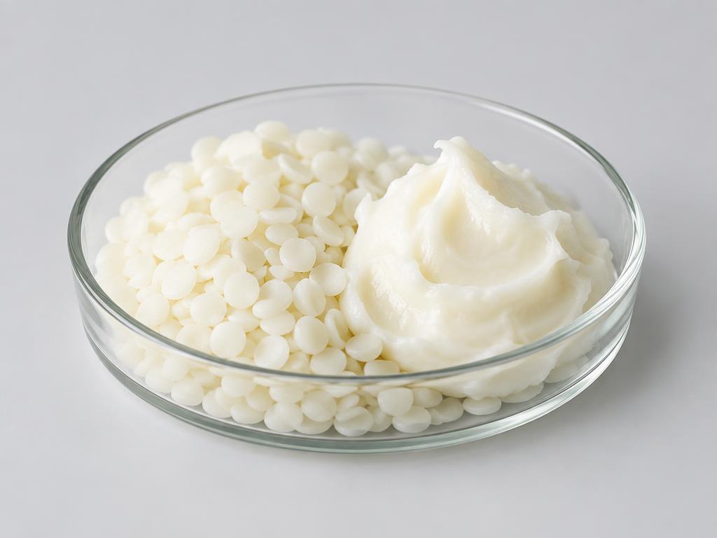 Sucrose Polystearate / Hydrogenated Polyisobutene Blend — studio photograph of a soft waxy off-white emulsifier pellets and paste in a clear glass dish