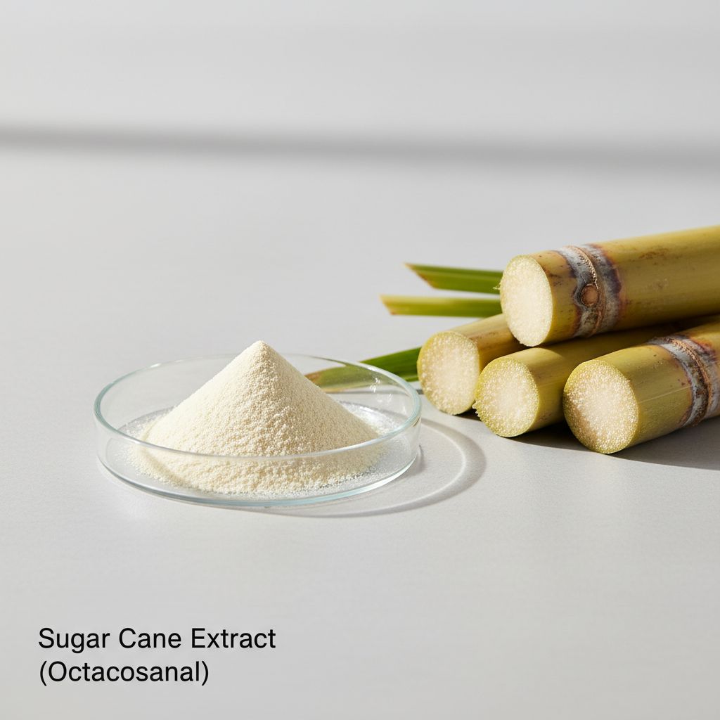 Illustrative studio sample of Sugar Cane Extract (Octacosanol) beside Saccharum officinarum source material
