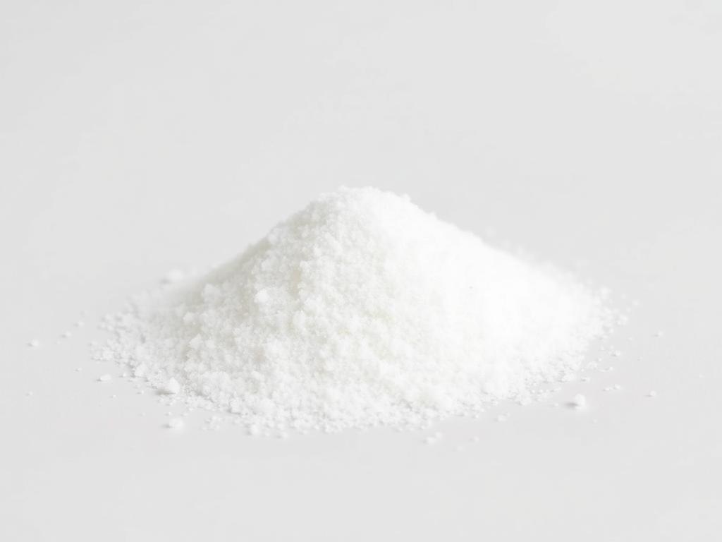 Mound of white granulated sugar crystals on a neutral background