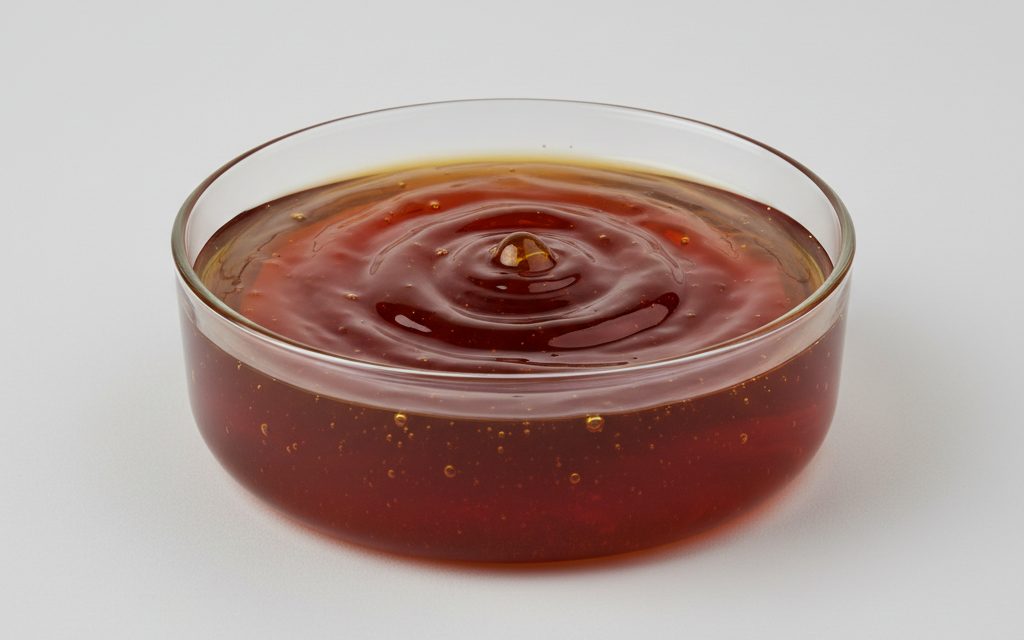 Sunflower Lecithin — viscous, opaque reddish-brown to dark amber liquid with a thick, honey-like consistency and a mild, nutty aroma, studio product photograph