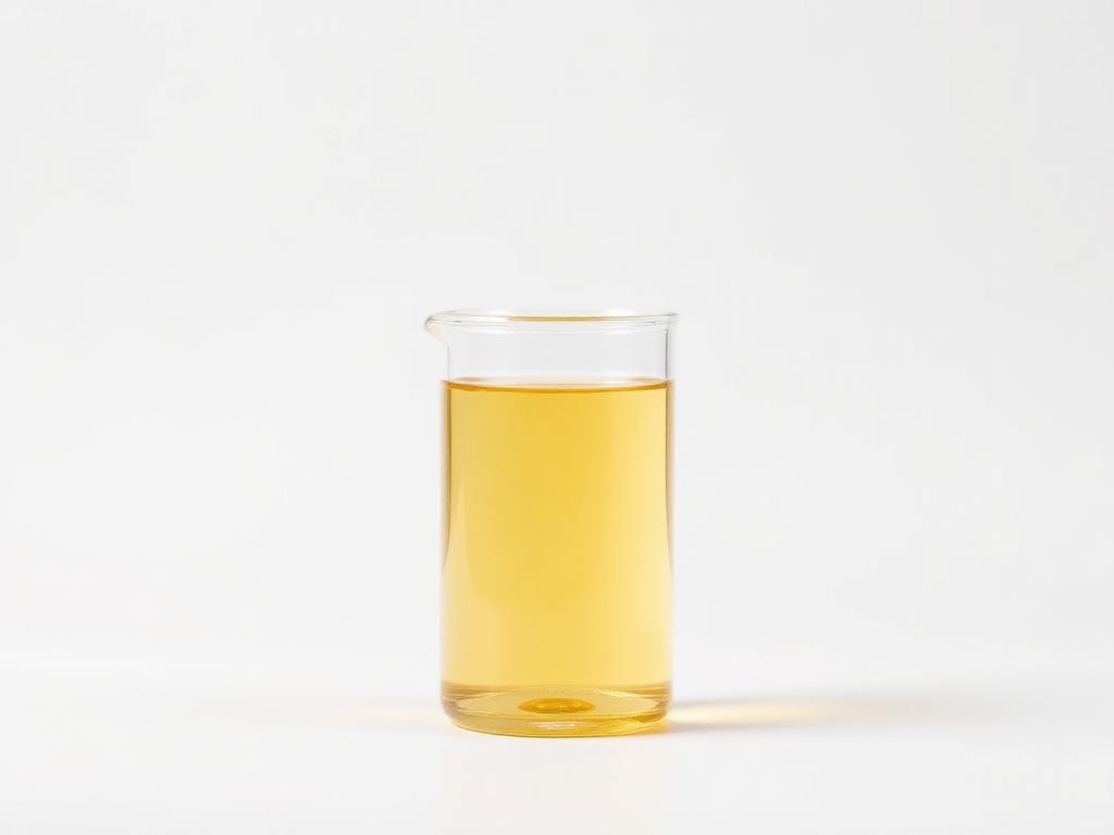 Glass beaker of pale golden refined sunflower oil on a neutral background