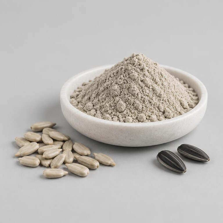 Illustrative studio sample of gray-beige Sunflower Peptide powder beside sunflower kernels and seeds