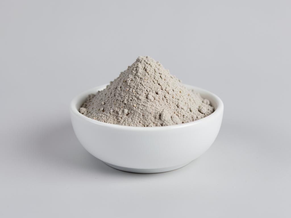 Sunflower protein shown as a light grey-brown powder heap in a neutral studio photograph