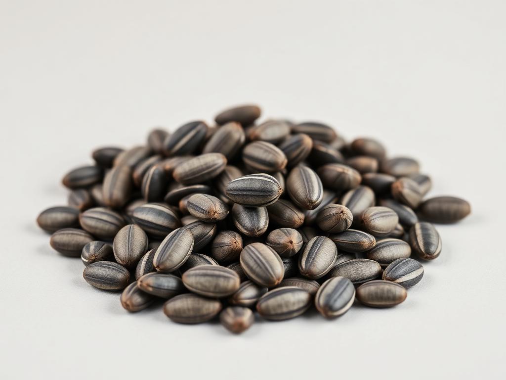 Sunflower seed for sowing shown as a neutral studio product photograph of certified planting seed in bulk