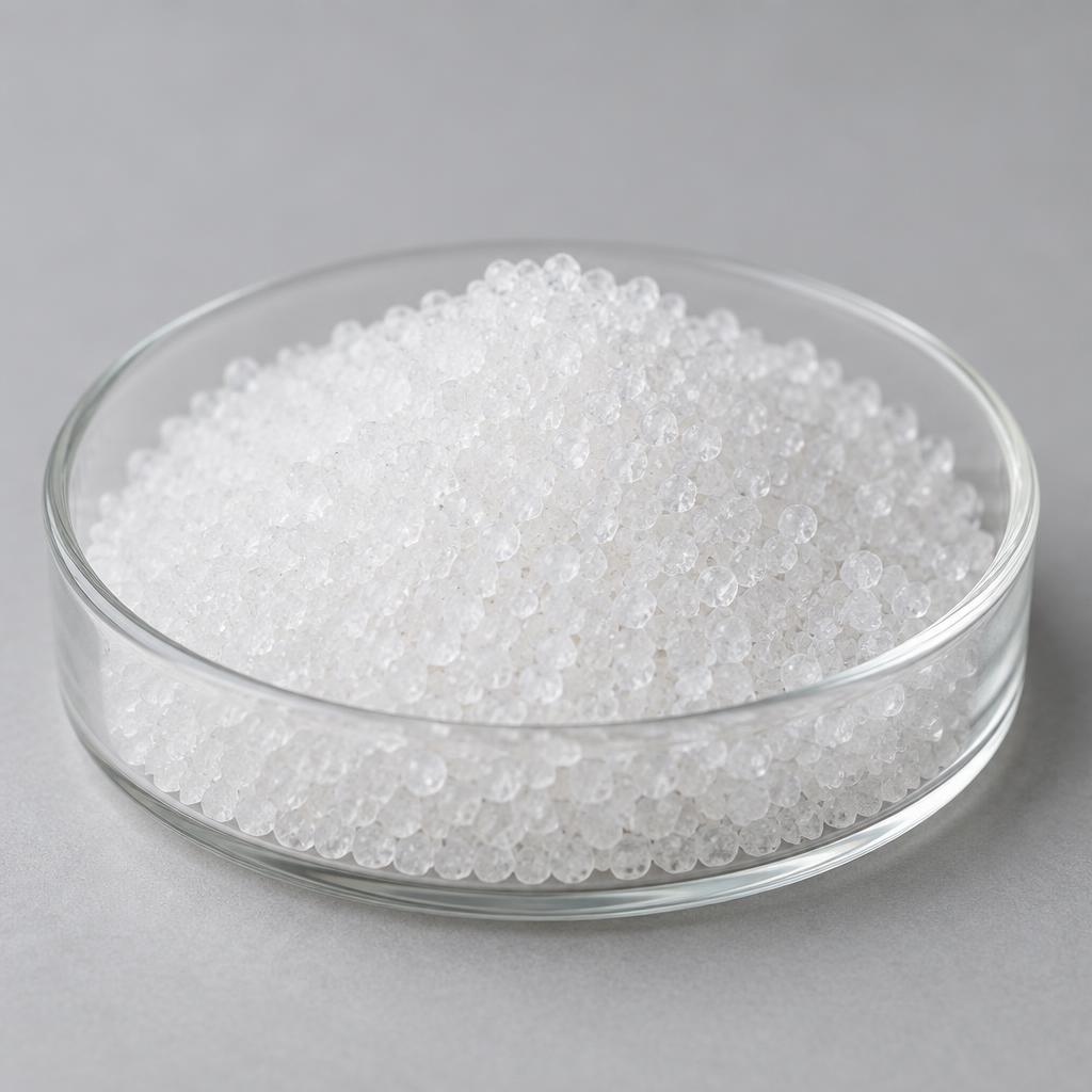 Superabsorbent polymer — studio photograph of fine white translucent polymer granules in a clean glass laboratory dish