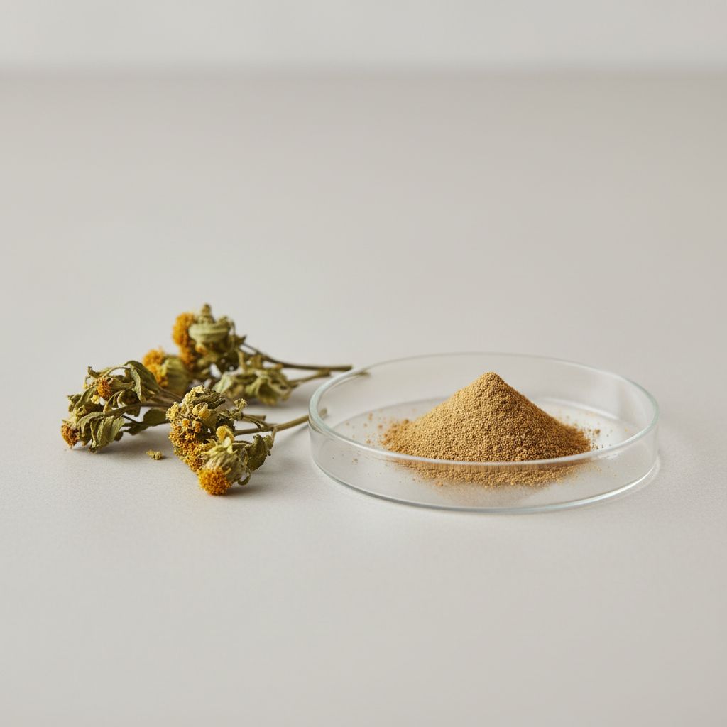 Illustrative studio sample of Tagetes Minuta Extract beside Tagetes minuta source material