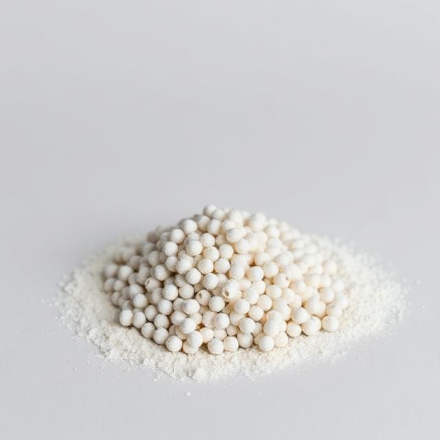 Talc-filled reinforcement masterbatch pellets shown as a neutral studio product photograph