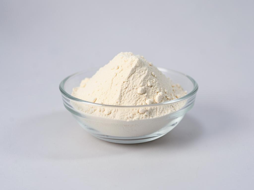Tara gum shown as a pale cream fine powder heaped in a shallow glass dish in a neutral studio photograph