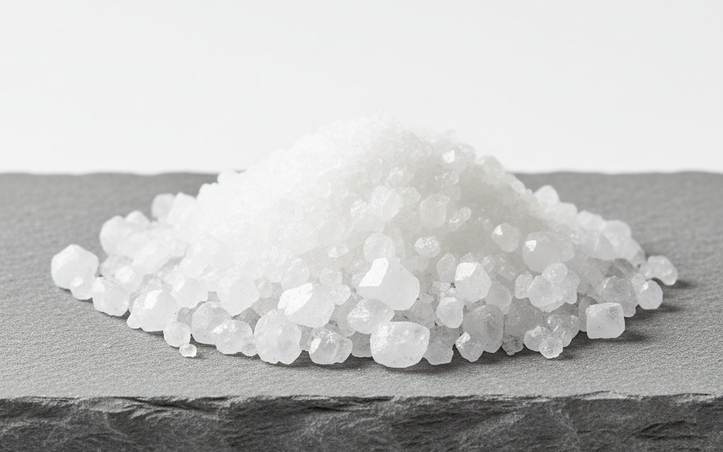 Taurine — a white crystalline powder or colorless crystals, resembling table salt in appearance, with a clean and sharp crystalline structure, studio product photograph