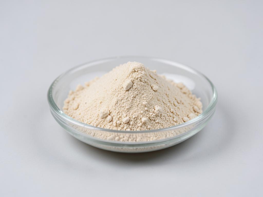 TBHQ antioxidant shown as a pale beige fine crystalline powder in a shallow laboratory dish in a neutral studio photograph