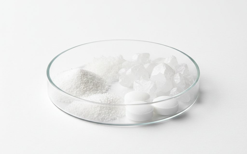 Grade confirmed at quotation — white crystalline powder, granular, or large tablets with a strong pungent chlorine odor and hard, dry texture, studio product photograph
