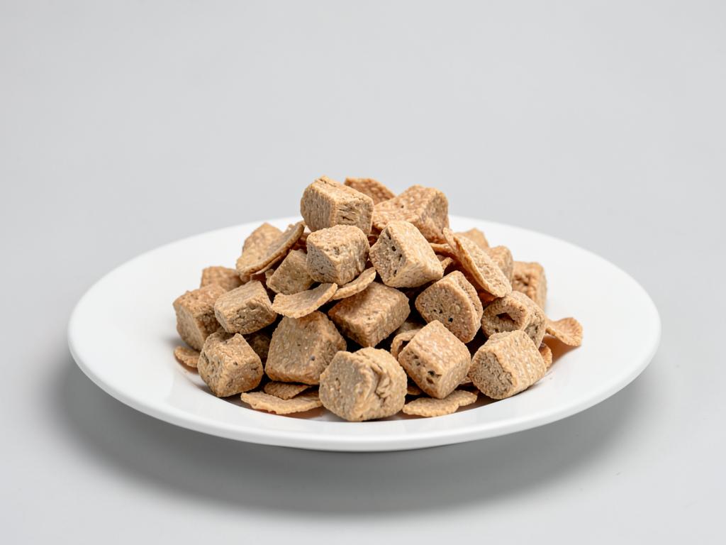 Textured vegetable protein shown as light brown dry extruded chunks and flakes in a neutral studio photograph