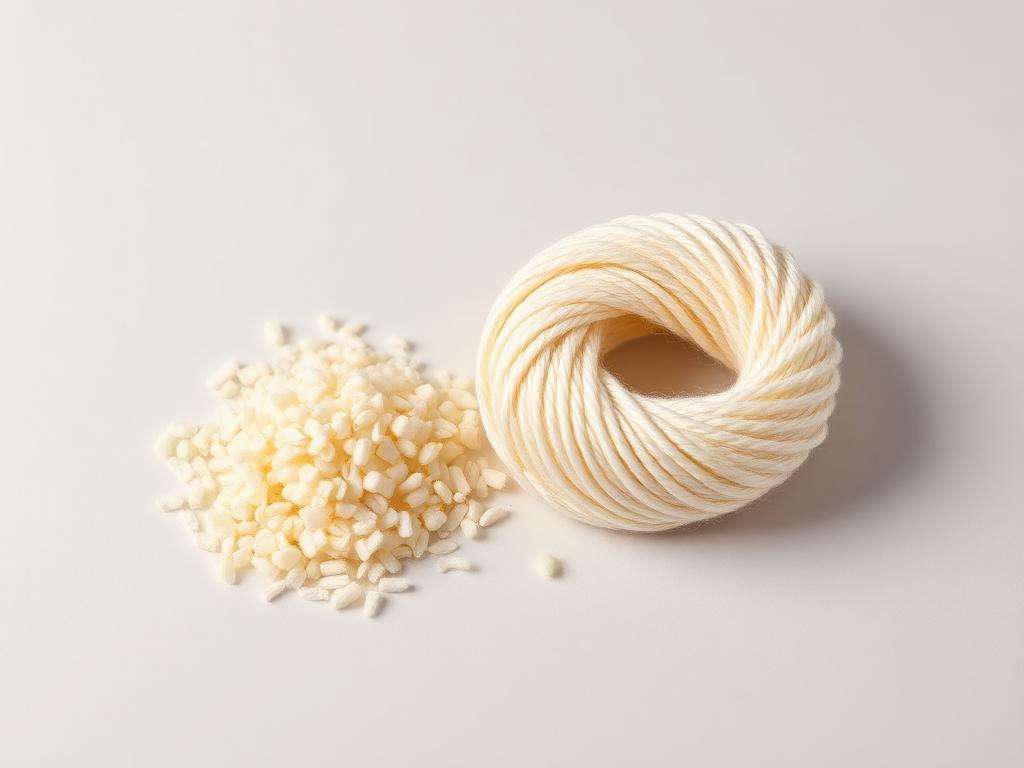 Small heap of fine-cut thermal insulation masterbatch pellets beside a coil of technical yarn on a neutral studio background