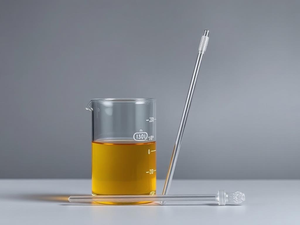 Laboratory beaker of straw-coloured thionocarbamate collector liquid beside a glass stirring rod on a light studio background