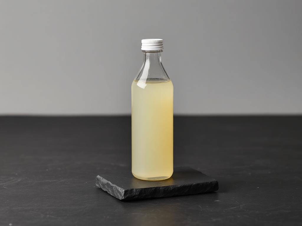 Sealed clear laboratory bottle of pale straw-coloured biocide solution on a dark slate surface against a neutral grey studio background