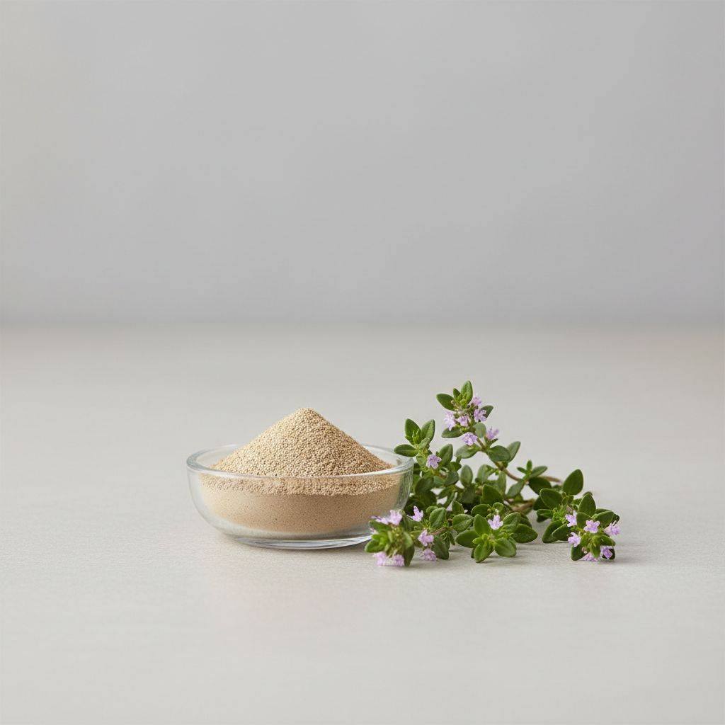 Illustrative studio sample of Thyme Extract beside Thymus vulgaris source material