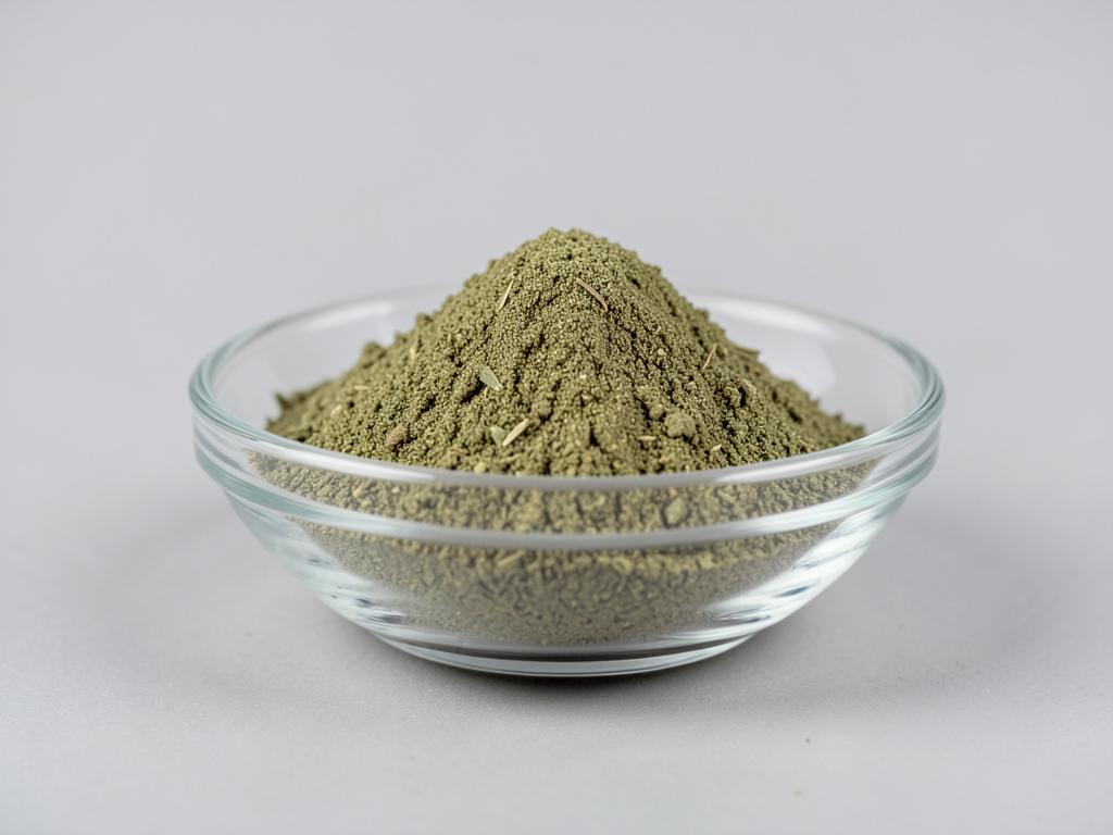 Thyme Leaf Powder shown as a milled spice powder in a shallow dish in a neutral studio photograph