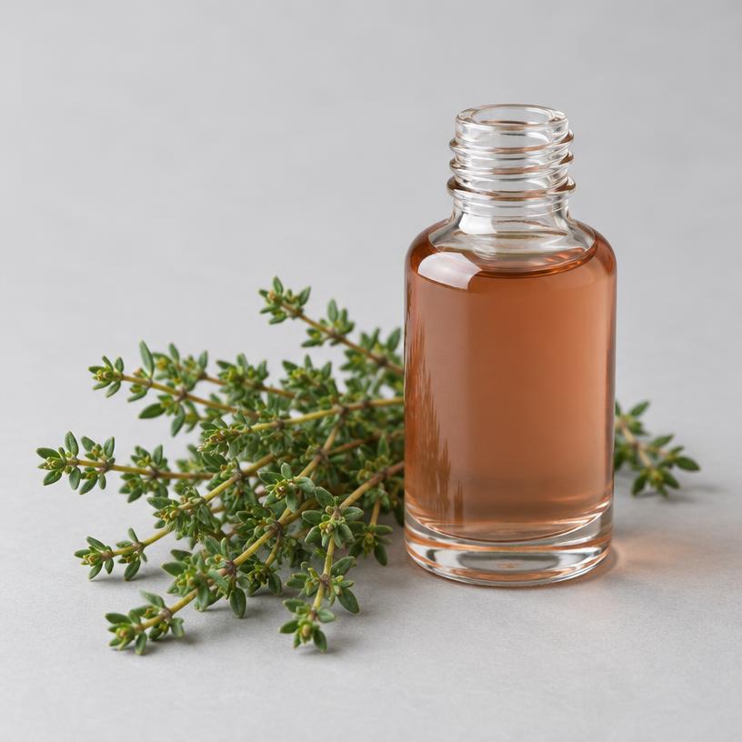 Thyme Oil — Food & Flavour Grade — studio photograph of clear to pale mobile oil, presented as a B2B sourcing category illustration