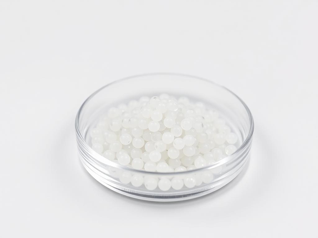 Small heap of translucent tie-layer adhesive resin pellets on a neutral studio background