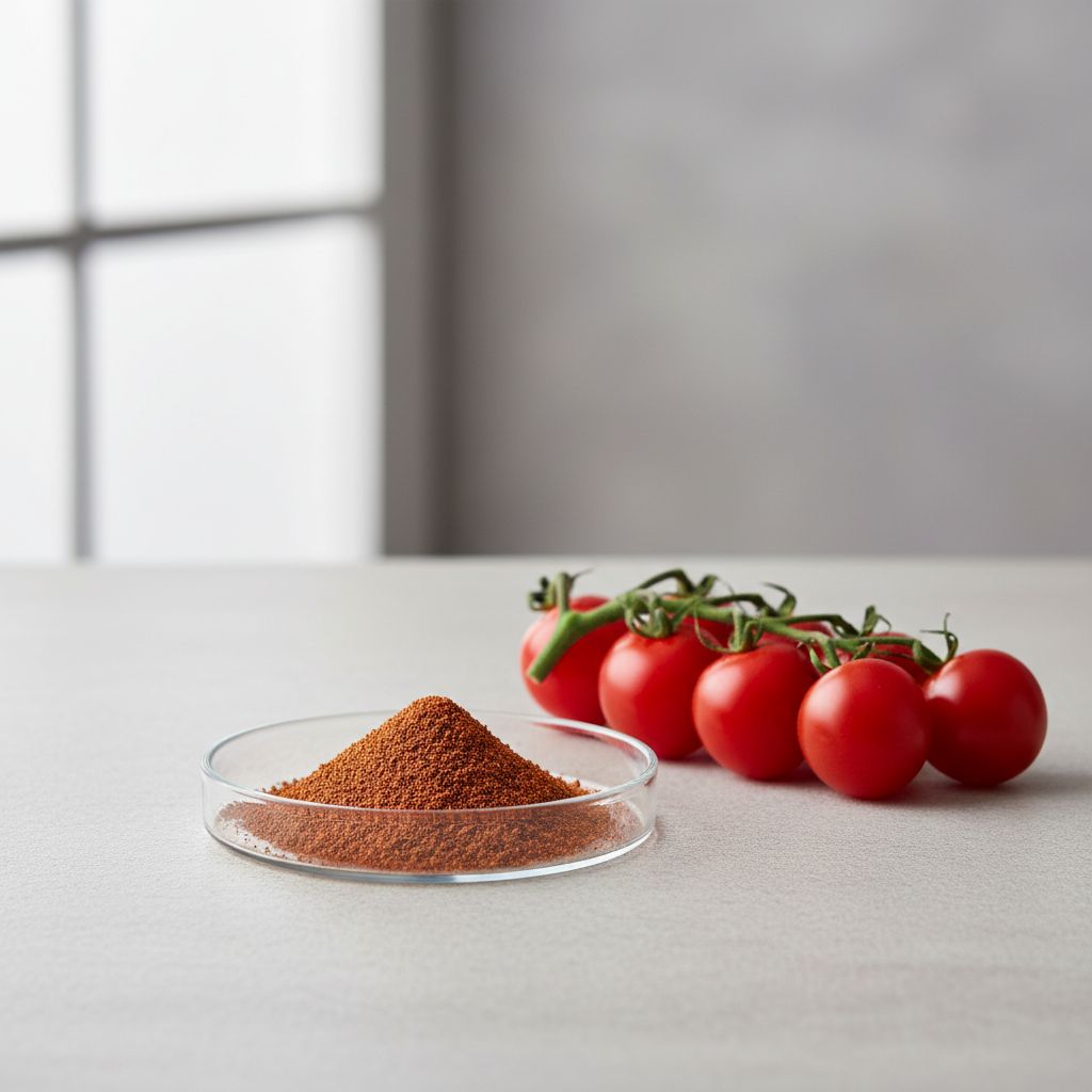 Illustrative studio sample of Tomato Extract beside Solanum lycopersicum source material