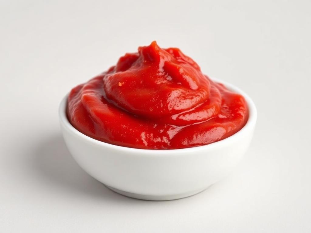 Small white dish of thick deep red concentrated tomato paste