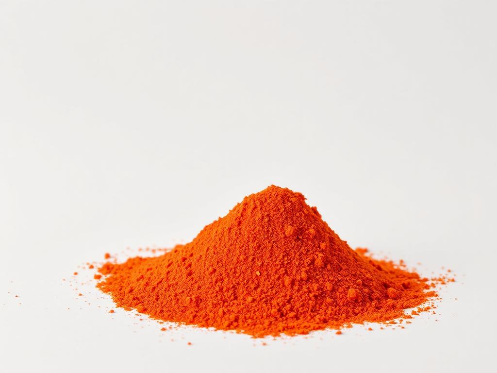 Mound of fine red-orange dried tomato powder on a neutral background