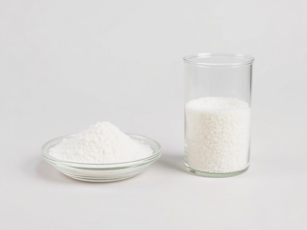 White crystalline trehalose powder in a glass dish beside a beaker of the same crystals on a neutral studio background