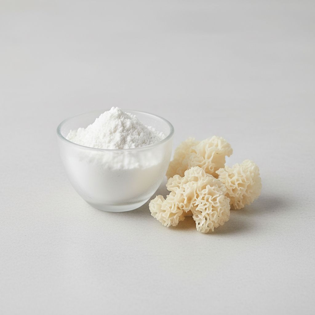Illustrative studio sample of Tremella (Snow Fungus) Extract beside Tremella fuciformis source material