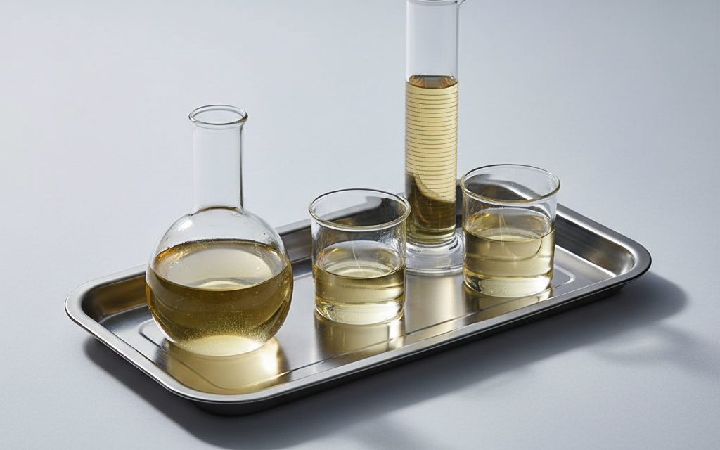 Tributyrin — colorless to pale yellow oily liquid with a mild odor, appearing as a clear, viscous, and transparent fluid, studio product photograph