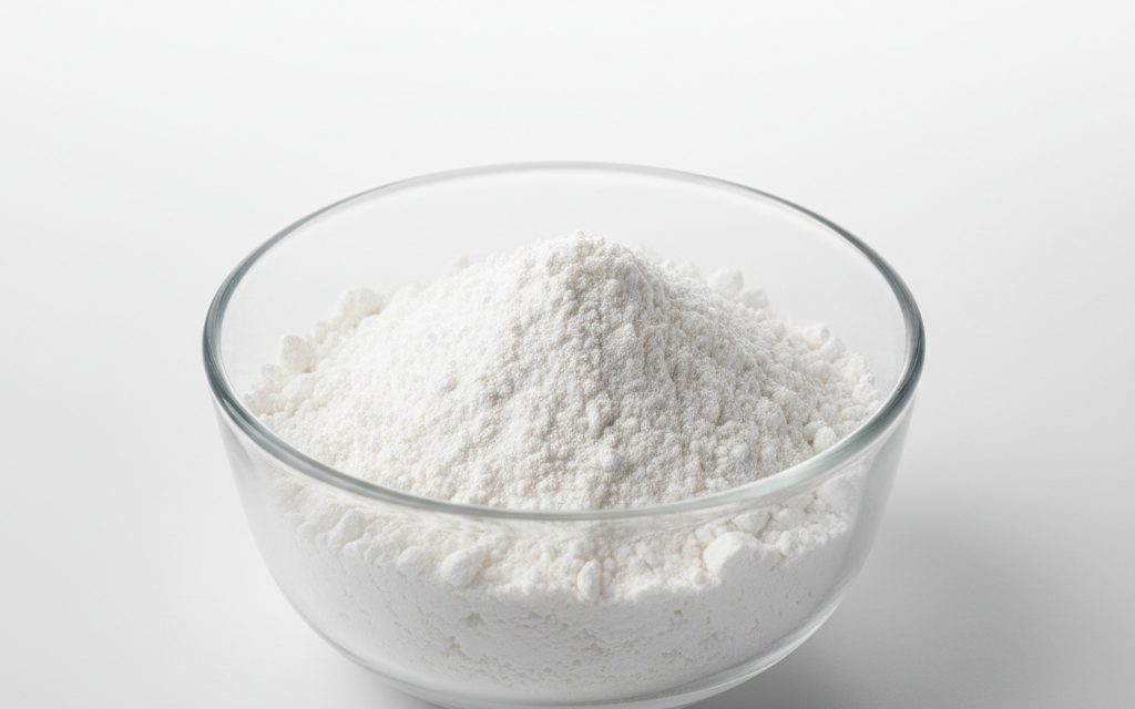 Grade confirmed at quotation — white amorphous powder, odorless and tasteless, stable in air with a dry, gritty texture compared to organic powders, studio product photograph